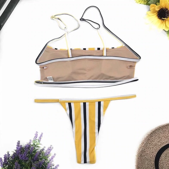 🔥Yellow Multi Striped Strappy Bandeau Bikini Set - Picture 4 of 5